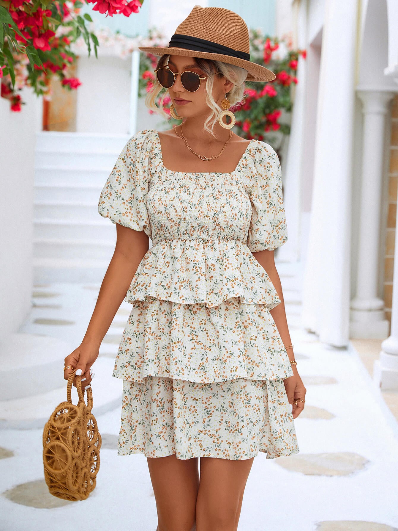 Floral Smocked Puff Sleeve Square Neck Layered Dress
