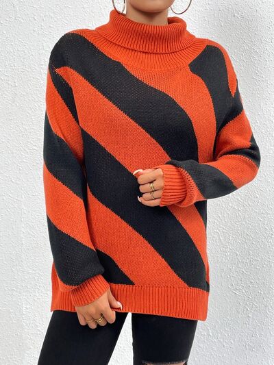 Striped Turtleneck Dropped Shoulder Sweater