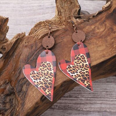 PU Leather Wood Heart Dangle Earrings