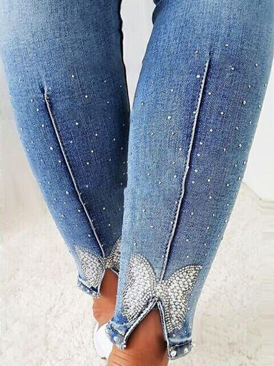 Rhinestone Detail Buttoned Jeans with Pockets