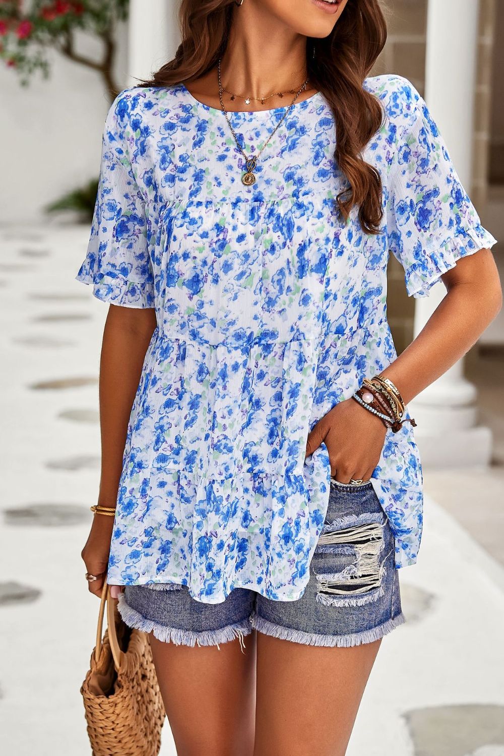 Printed Round Neck Tiered Top