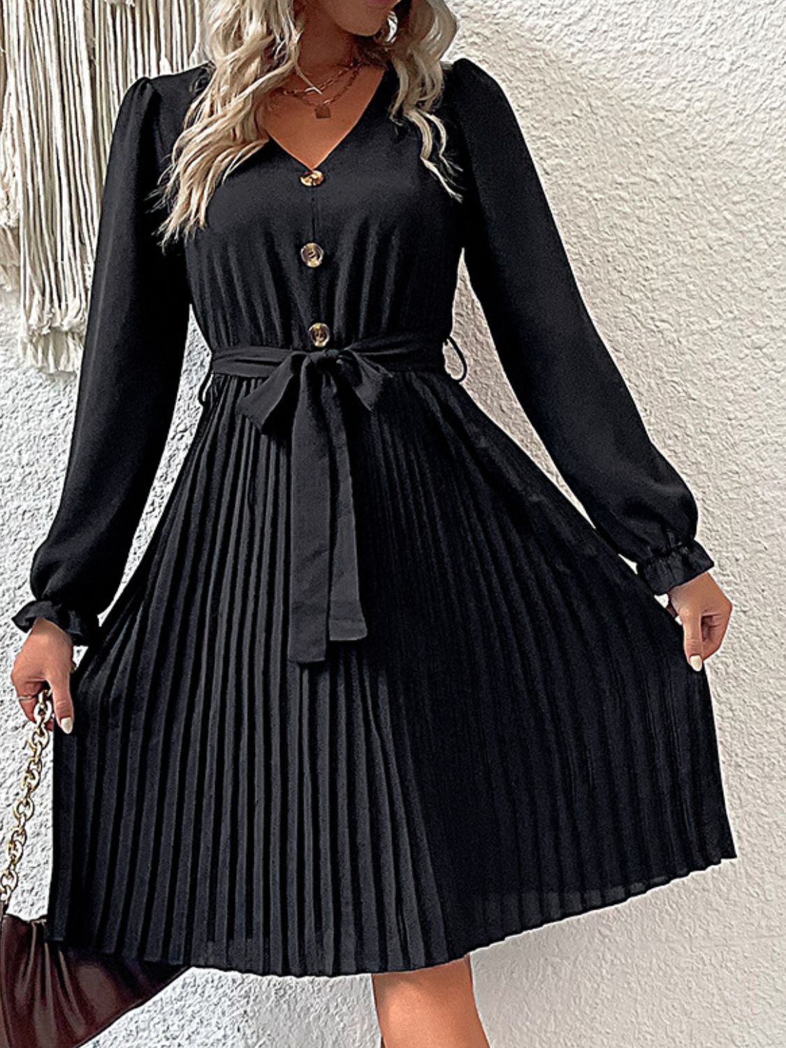 Decorative Button Belted Puff Sleeve Pleated Dress