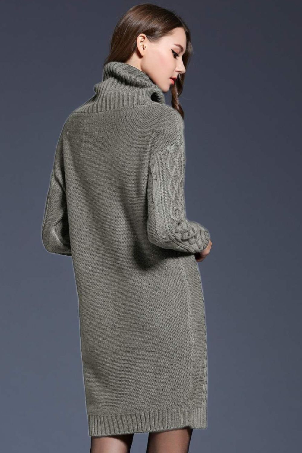 Full Size Mixed Knit Cowl Neck Dropped Shoulder Sweater Dress